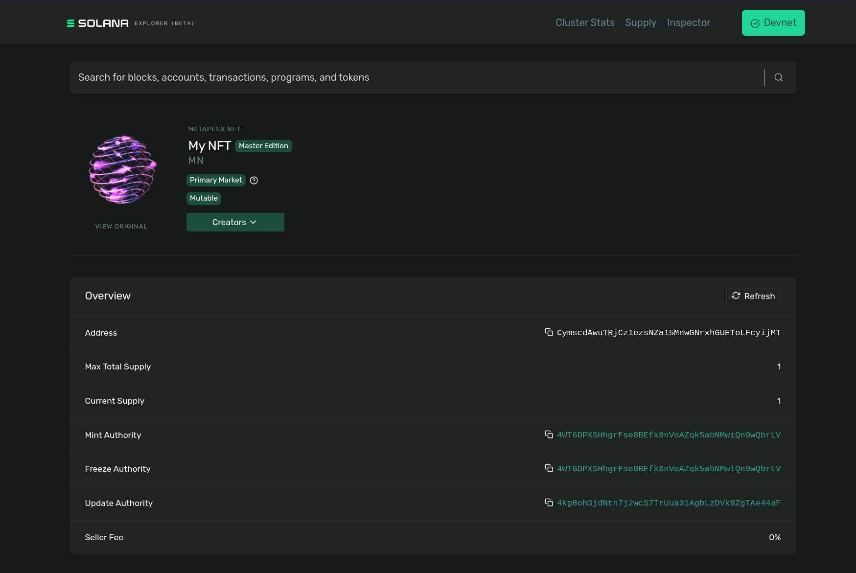 Solana Explorer with details about created NFT