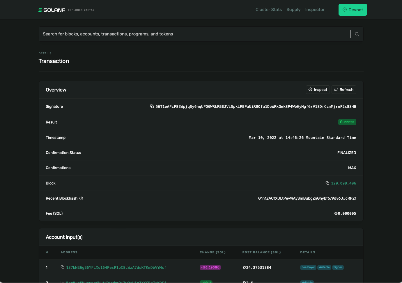 Solana Explorer with details about a transaction